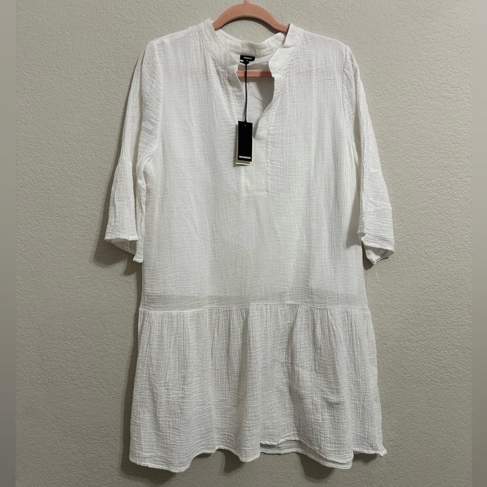🆕 MONROW Gauze Easy Mini Dress in White - Picture 2 of 8
